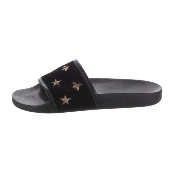 🖤🐝 ⭐️ Gucci Black Velvet Slides w/ Gold Star and Bee Embroidery - Picture 2 of 4